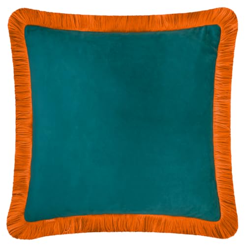 furn. Halo Fringed Velvet Feather Filled Cushion (Teal/Tiger - 50x50cm) - Soft Colour Block Contrasting Trim Luxury Decorative Pillow