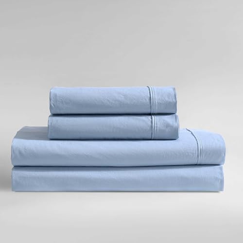 Calvin Klein - King Bed Sheets, Relaxed Garment Washed Cotton Percale Bedding Set with Matching Pillowcases, Deep Pockets, Oeko-TEX Certified (Washed Percale Blue, King)