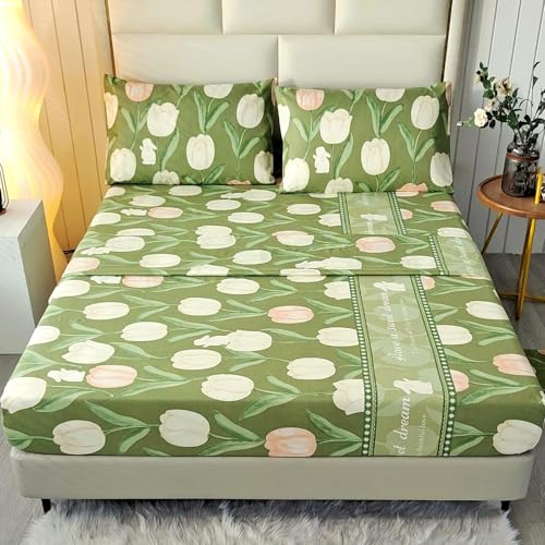 SDIII 4PCS Rabbit and Green Floral Twin XL Sheets Set, Soft Microfiber Floral Bed Sheets Twin XL Deep Pocket, Botanical Vintage Bed Set