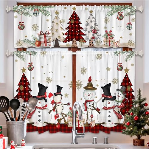 "cusugbaso Christmas Kitchen Curtains Tiers and Valances Set 3 PCS, Snowman and Tree Xmas Kitchen Decor for Bahtroom, Laundry Short Curtains 54"" w x 36"" L and 27"" w x 36???L"