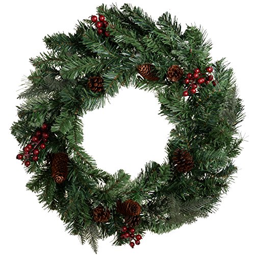 WeRChristmas 60 cm Natural Cones and Berries Decorated Pre-Lit Wreath Christmas Decoration Illuminated with Warm LED Lights, White