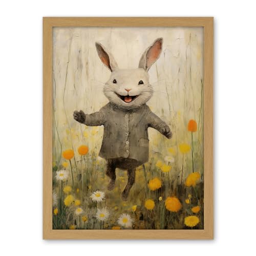 Artery8 Raincoat Rabbit Happy Bunny Flower Meadow Kids Girls Bedroom Nursery Artwork Framed Wall Art Print 18X24 Inch