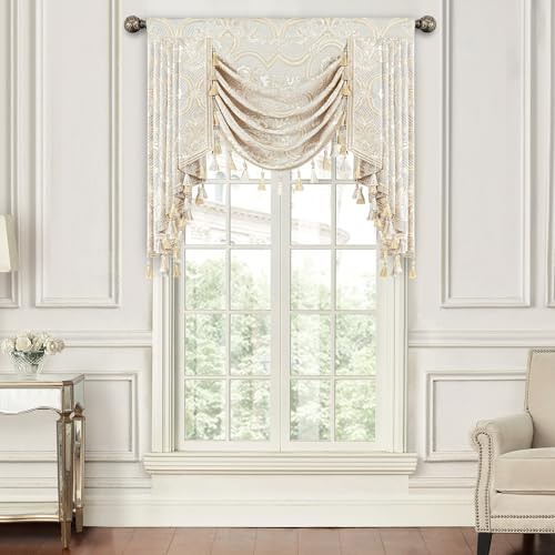 Loom and Mill European Elegant Waterfall Valance for Living Room, Luxury Jacquard Frame Swag Valances with Tassels, Beige Gold Floral Swag Curtains for Bedroom Window Holiday Decor(W39 Inch,1 Panel)