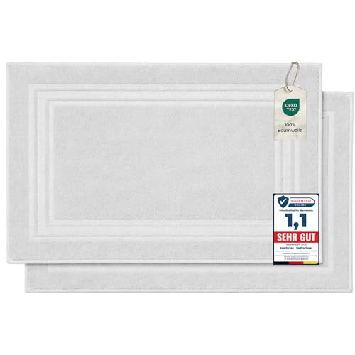 Komfortec Bath Mat Set, 2 Pieces, Terry Cloth Shower Mat, Washable Shower Mat & Bath Mat, 600 g/m² & 100% Cotton, Absorbent & Quick Drying, 50 x 70 cm, White