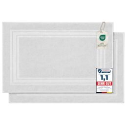 Komfortec Bath Mat Set, 2 Pieces, Terry Cloth Shower Mat, Washable Shower Mat & Bath Mat, 600 g/m² & 100% Cotton, Absorbent & Quick Drying, 50 x 70 cm, White