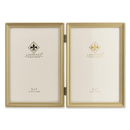 Lawrence Frames Antique Brass 5x7 Hinged Double Picture Frame - Bead Border Design, Satin Gold