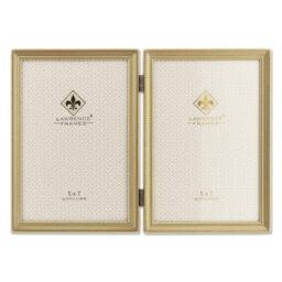 Lawrence Frames Antique Brass 5x7 Hinged Double Picture Frame - Bead Border Design, Satin Gold