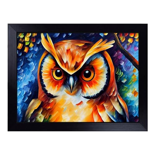 Lap Tray with Bean Bag Cushion, Long Eared Owl Painting Abstract - Handmade in the UK, Raised Wooden Edge, Padded Cushion, Heat-Resistant Wipe-Clean Surface, for Meals, Laptops and Crafts