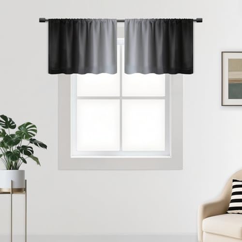 SimpleHome Black Curtains Rod Pocket Valance for Kitchen, 52Wx18L - Gradient Light Blocking Curtain,Thermal Insulated Window Drapes, Room Darkening Waterproof Valances for Cafe, 2 Panels