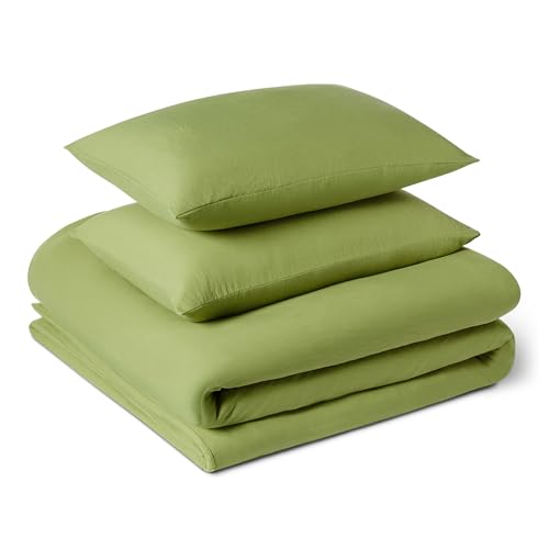 Amazon Basics 3-Piece Brushed Microfibre King Size Duvet Cover Set, Extra Soft Bedding, Relaxed Lived-In Look with Natural Creases, No Ironing Required, 225 x 220 cm & 2 Pillowcases 50 x 80 cm, Green