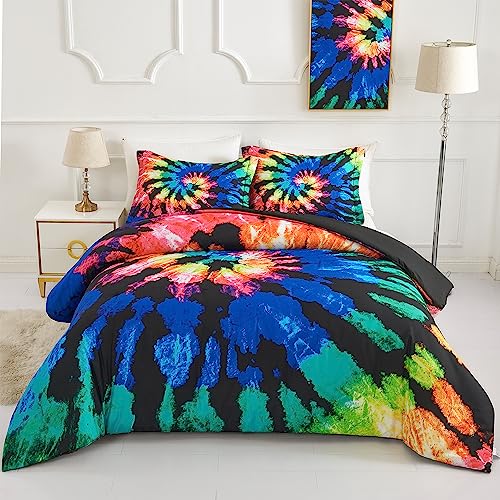 Koniroom Tie Dye Comforter Set Queen Size, Kids Comforter Sets for Girls with Black Blue Purple Themed Printing, Reversible All Season Comforter 3 Pieces with 2 Pillow Shams, Full/Queen