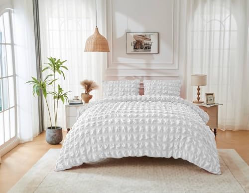 GC GAVENO CAVAILIA Seersucker Duvet Cover Sets - 3Piece Microfiber Bedding White Duvet Cover Double & Pillow Cases - Breathable & Super Soft Bed Quilt Covers Set Button Closure, 200x200 Cm