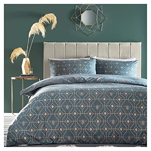 furn. Bee Deco Duvet Cover Set - Honeycomb Geometric Bumble Bee Reversible Bedding (French Blue - Double)