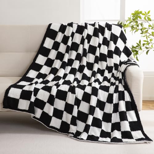 YIRUIO Checkered Knit Throw Blanket, Black, 60x80 Inches - Ultra Soft Microfiber, Reversible, Fluffy Fuzzy Cozy, For Bed, Sofa Couch