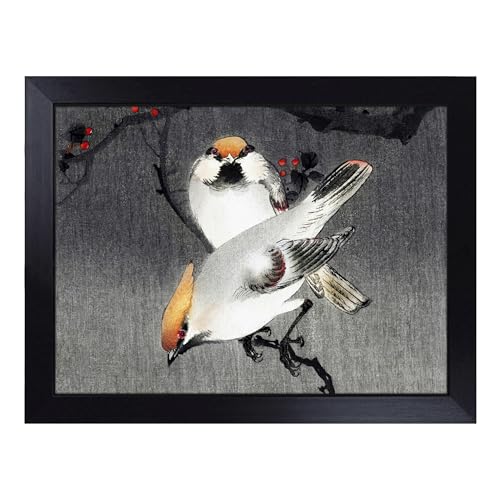 Lap Tray with Bean Bag Cushion, Bohemian Waxwing Birds By Ohara Koson - Handmade in the UK, Raised Wooden Edge, Padded Cushion, Heat-Resistant Wipe-Clean Surface, for Meals, Laptops and Crafts