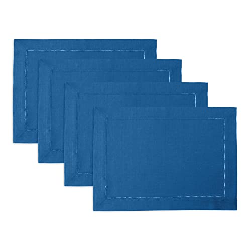 Solino Home 100% Pure Linen Placemats Indigo Blue, 14 x 19 in, Set of 4 - Classic Hemstitch Place Mats For Thanksgiving Dining, Home Decor, Indoor & Outdoor Use, Parties, Gifting, Machine Washable
