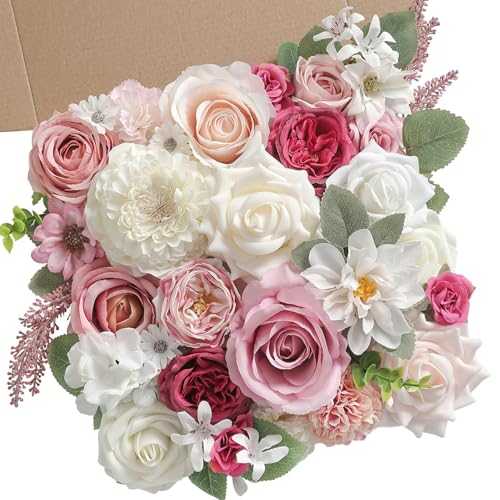 JGRSHES Artificial Flowers Box White Pink Silk Fake Roses with Stems for DIY Wedding Bridal Bouquets Floral Arrangement Table Centerpieces Cake Birthday Party Wreath Baby Shower Home Decor