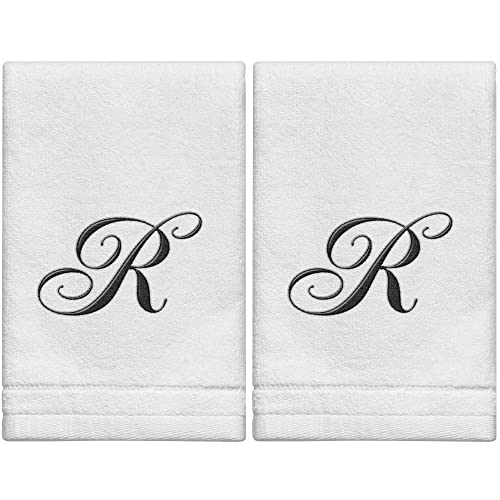 Monogrammed Towels Fingertip, Personalized Gift, 11 x 18 Inches - Set of 2- Black Embroidered Towel - Extra Absorbent 100% Cotton- Soft Velour Finish - For Bathroom/Kitchen/Spa- Initial R (White)