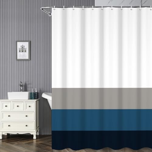 Umpoo Stripes Fabric Bathroom Shower Curtain Modern Aesthetics Minimalist with Hooks Polyester Waterproof Blue Grey Abstract Lines Pattern, 69x70 Inch