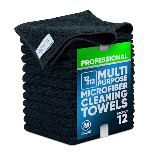 "12"" x 12"" Buff Pro Multi-Surface Microfiber Cleaning Cloths - Black - 12 Pack - Premium Microfiber Towels for Cleaning Glass, Kitchens, Bathrooms, Automotive, Supplies & Products"