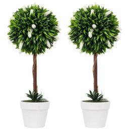 HOMCOM Set of 2 Artificial Lavender Topiary Ball Trees UV Resistant, White - 60 cm, Decorative Fake Plants in White Pot, Faux Lavender Flowers, Indoor Outdoor Decor