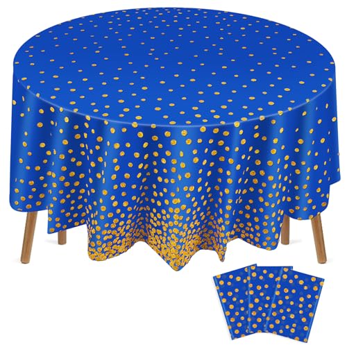 Newwiee 3 Pcs Round Dot Tablecloth 84 Inch Plastic Table Cover Birthday Confetti Tablecloths for Wedding Bridal Shower Retirement Summer Party Decor (Blue and Gold Dots)