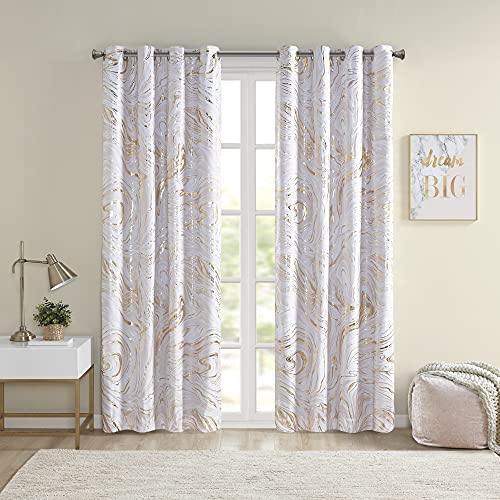 "Intelligent Design Rebecca Total Blackout Curtains Metallic Marble Print Grommet Top Living Room Decor Thermal Insulated Light Blocking Window Drape for Bedroom, Apartments, 63"" Panel, Blush/Gold"