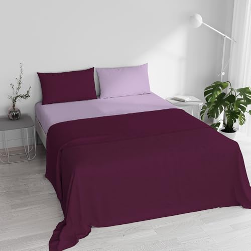 Double Bed Sheet Set, 100% Natural Cotton, Made in Italy – Complete Bed Set, Fitted Sheet, Top Sheet 240 x 300 cm and Pillowcases with Inner Flap, Plum/Lilac