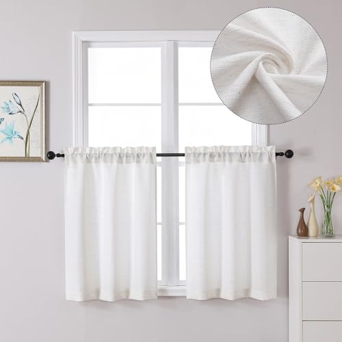 Lecloud Bessie Kitchen Curtains 30 Inch Length 2 Pcs, Faux Linen Cafe Kitchen Curtain Tiers, Burlap Farmhouse Rod Pocket Window Treatment for Bathroom Besement, Each 30 W x 30 L, Natural