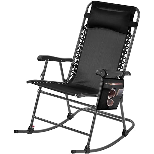 Yaheetech Rocking Chair, Foldable Outdoor Camping Patio Lounge Chair, Zero Gravity Seat with Headrest Pillow, Storage Bag for Garden, Lawn, Porch, Backyard