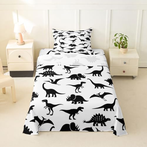 Feelyou Boys Twin Size Kids Dinosaur Sheets Set, Soft and Cozy Jungle Animal Pattern Bedding Set for Children Girls Toddler Bedroom, White Black Wild Dino Bed Set, Sheets Set