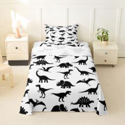 Feelyou Boys Twin Size Kids Dinosaur Sheets Set, Soft and Cozy Jungle Animal Pattern Bedding Set for Children Girls Toddler Bedroom, White Black Wild Dino Bed Set, Sheets Set