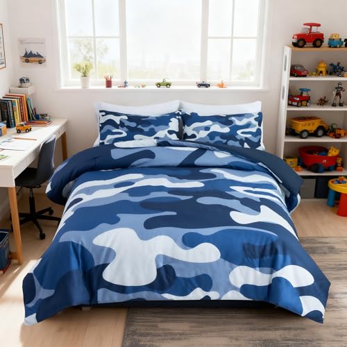 Holawakaka Twin Size Camouflage Bedding Comforter Set with Sheets, Boys Girls Men Camo Bed in A Bag 5 Pieces, Kids Teens Dorm Bed Sets Neutral Farmhouse Lodge Cabin Army Bedspread (Blue, Twin)