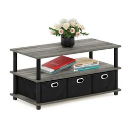 Furinno FRANS Coffee Table, 3-Tier Modern Coffee Table with Shelves and Storage Bins, Easy Assembly Side Table with Open Shelf, for Living Room, Bedroom, Home Office, French Oak