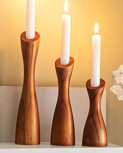 "OLEEK Wood Candle Holders for Table Centerpiece (9"",8"",6"") - (fits 7/8"" Candles) Farmhouse Wooden Candlestick Holder Set - Fall Rustic Candle Holder Wood - Antique Decorative Candles for Home Decor"