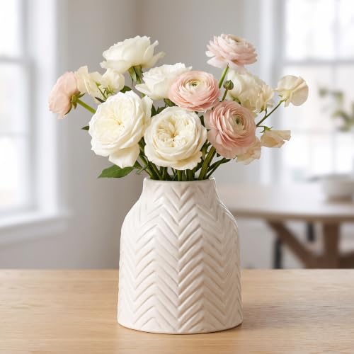 hjn White Vase- Ceramic Vase for Home Decor, Flower Vase for Centerpieces, Morden Table Vase, Boho Vase for Decor Accents/Living Room/Bookshelf/Mantel - White Texture(Small)