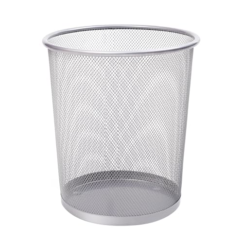 KEPLIN Round Metal Trash Bin, 1 Pack Silver, Bedroom Office Mesh Bin - Round mesh metal trash bin, silver, 1 pack. Non-slip base, bedroom, office, bathroom