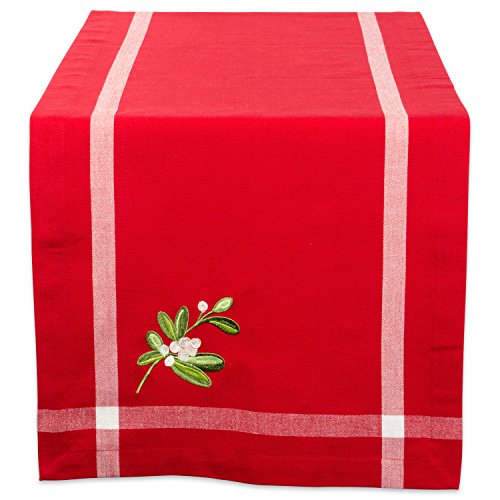 DII 100% Cotton, Machine Washable, Table Runner For Dinner Parties, Christmas and Holidays - 14x72, Red with Embroidered Mistletoe