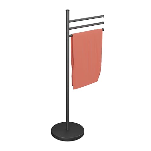 Relaxdays Towel Rack, 3 Rotating Rails, HWD: 85.5 x 42 x 22 cm, Stainless Steel, Bathroom, Holder, Drying Stand, Black