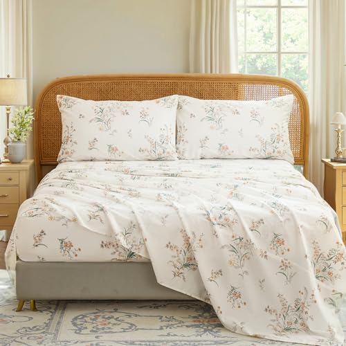 "Cozaline 100% Cotton Sheet Set Queen Size ??? 4-Piece Shabby Chic Floral Bedding Set, Soft Breathable Percale Weave, Deep Pocket Fitted Sheet 17.5"", Crisp Cool Feel, Refined Botanical Elegance"