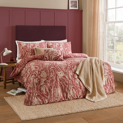 furn. Wylder Albus Duvet Cover Set – Reversible Woodland Owl Slub Cotton Rich Bedding (Redwood - Double)