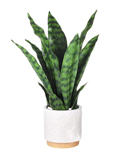 "DUZYXI Artificial Snake Plants 16"" with White Ceramic Pot Sansevieria Plant Fake Snake Plant Greenery Faux Plant in Pot for Home Office Living Room Housewarming Gifts Indoor Outdoor Decor-Green"