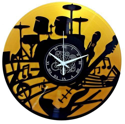 Instant Karma Clocks - Wall Clock - Band - Guitar - Decoration for Musicians - Black and Gold - Gift Idea for Bass Drummer - Double Vinyl
