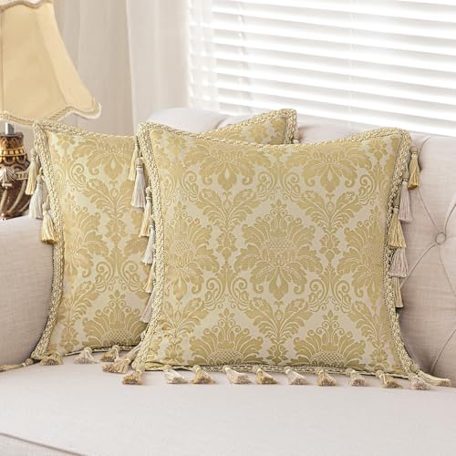 Loom and Mill 1 Piece Luxury Throw Pillow Covers 20x20 Inch, Classic Damask Decorative Pillow Cover with Tassels, Elegant Jacquard Pillow Cases for Living Room Bedroom Sofa Couch Chair(Yellow)