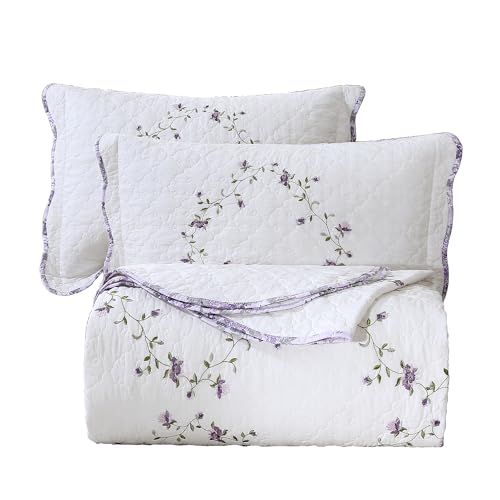vctops 3-Piece Elegant Floral Embroidered Bedspread Coverlet Set King Size 100% Cotton Reversible Patchwork 1 Quilt and 2 Pillow Shams (Purple,King)