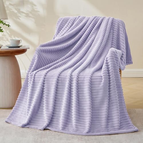 Bnuitland Light Purple Flannel Throw with Storage Pouch,300GSM Super Soft Fleece Stripe Pattern Sofa Blanket for Adults and Kids, Lightweight Cozy Bed Throw for Home Decor All Season
