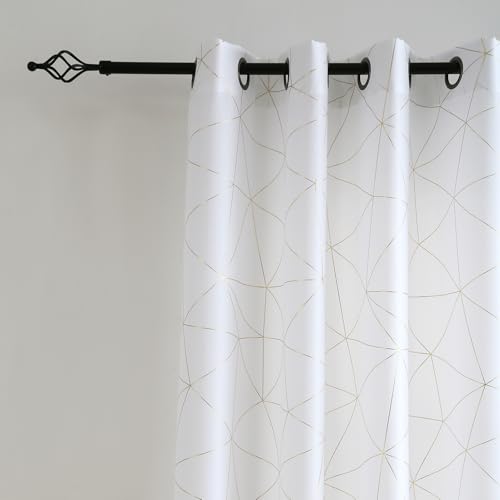 Taisier Home Gold Geometric Line Grommet Top Curtains, Lightweight Semi Sheer Light Filtering Window Drapes with Printing Design, White, W52 x L84 Inch, 2 Panels