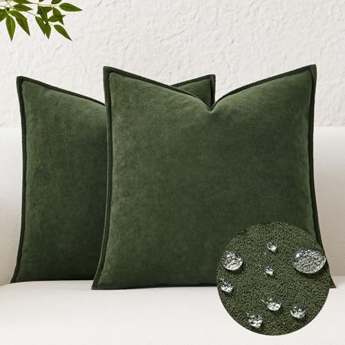 Kevin Textile Waterproof Decorative Pillow Covers Moss Green 16x16 Inch Pack of 2 Soft Boucle Textured Throw Pillowcases Elegant Accent Pillows for Couch Sofa Chair Bed Home Decor Indoor Outdoor