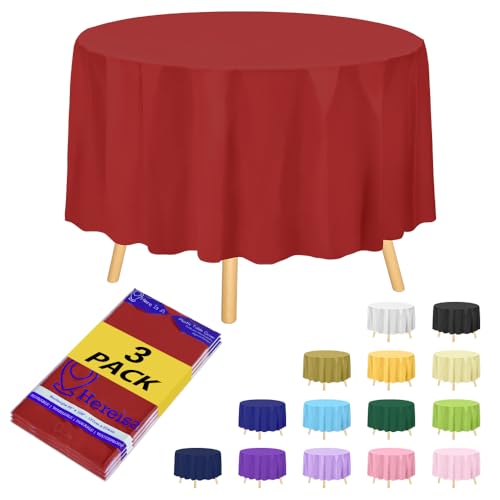 "Hereisa Brand Round Red Plastic 84"" Disposable Tablecloth (3 Pack), Party & Event Decorative Cover"