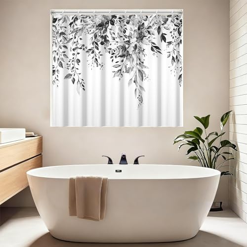 Black and White Eucalyptus Leaves Bathroom Window Curtain, Watercolor Plant Vines Floral Short Shower Window Curtains, Waterproof Fabric Small Curtain for Kitchen Bathroom Windows 60x48 Inch